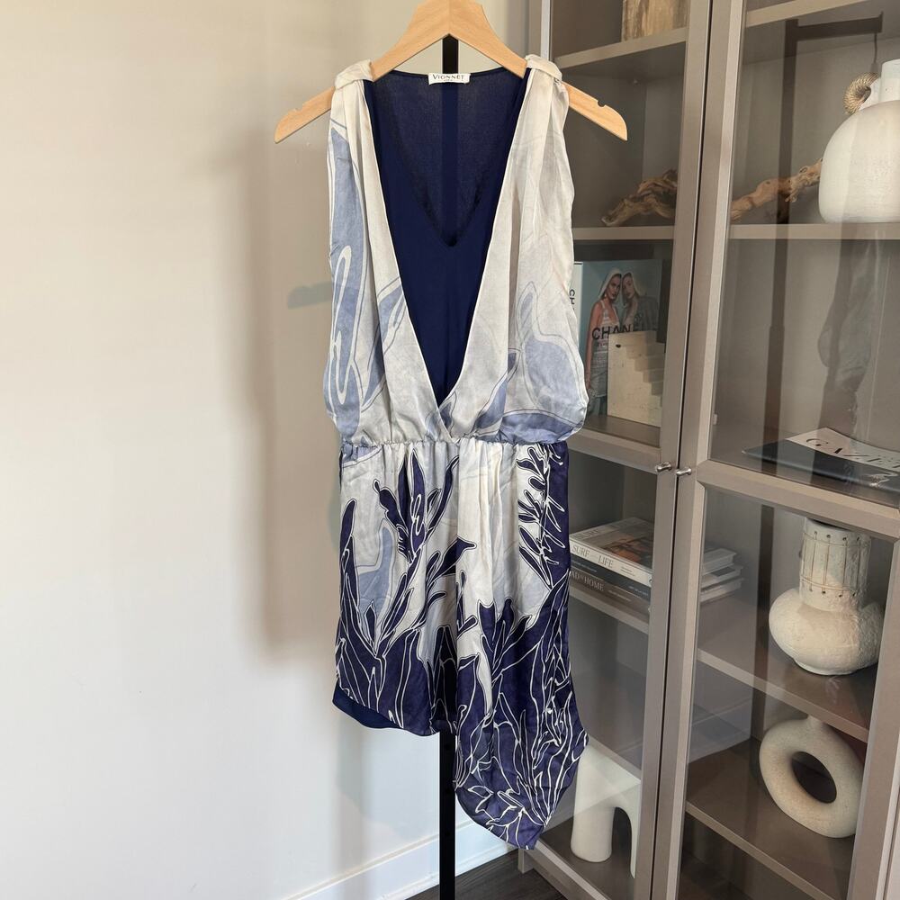 Vionnet Paris Navy V-Neck Draping Silk Overlay Asymmetric Dress 42 Blue Pattern